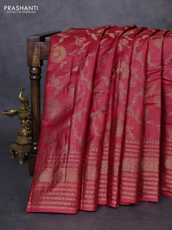 Banarasi tussar silk saree maroon with allover thread & zari weaves and long temple design woven border