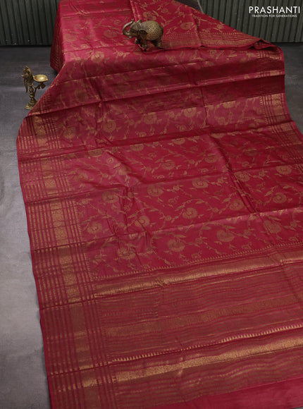Banarasi tussar silk saree maroon with allover thread & zari weaves and long temple design woven border