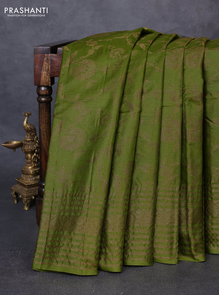 Banarasi tussar silk saree mehendi green with allover thread & zari weaves and long temple design woven border