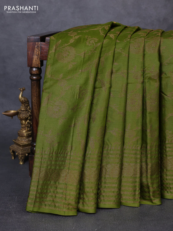 Banarasi tussar silk saree mehendi green with allover thread & zari weaves and long temple design woven border