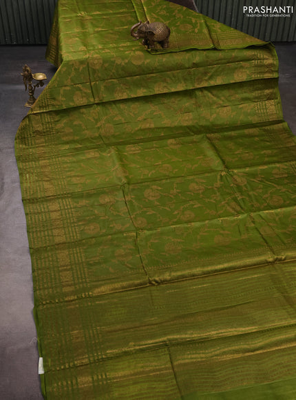 Banarasi tussar silk saree mehendi green with allover thread & zari weaves and long temple design woven border