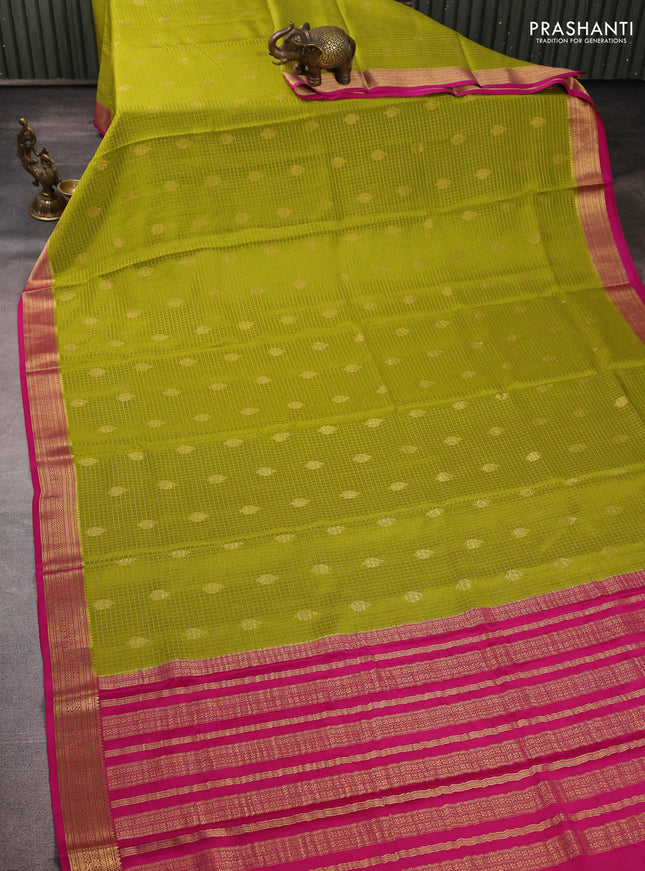 Pure mysore silk saree light green and pink with allover zari small checks & buttas and zari woven border