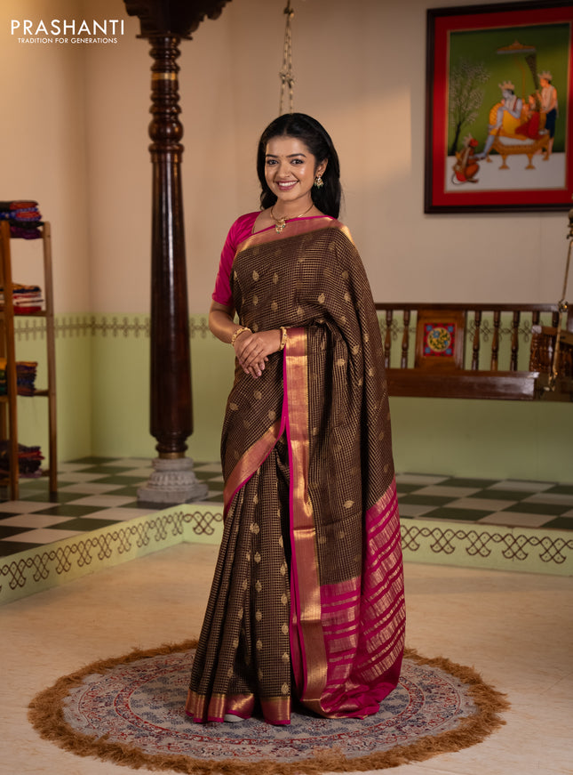 Pure mysore silk saree coffee brown and pink with allover zari small checks & buttas and zari woven border