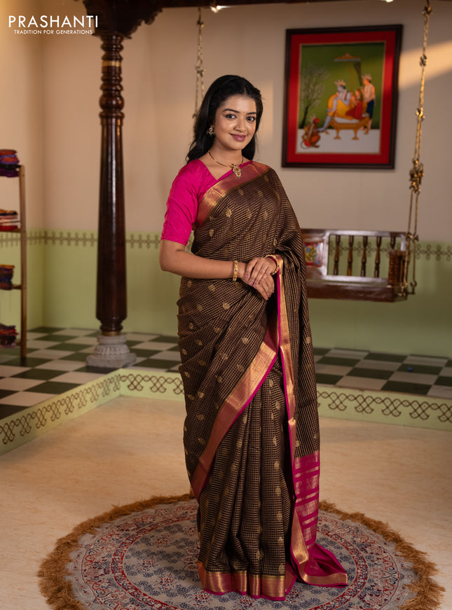 Pure mysore silk saree coffee brown and pink with allover zari small checks & buttas and zari woven border
