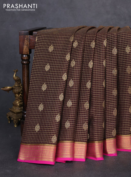 Pure mysore silk saree coffee brown and pink with allover zari small checks & buttas and zari woven border