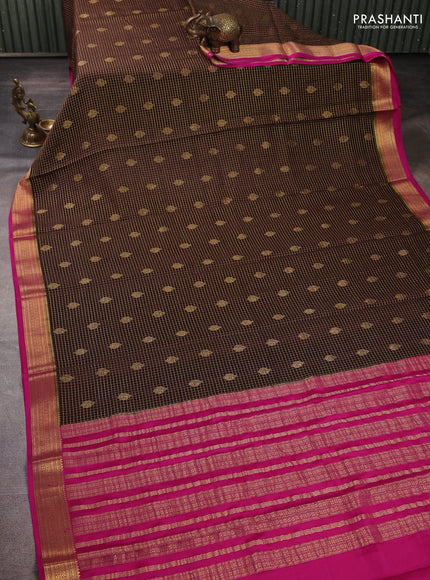 Pure mysore silk saree coffee brown and pink with allover zari small checks & buttas and zari woven border