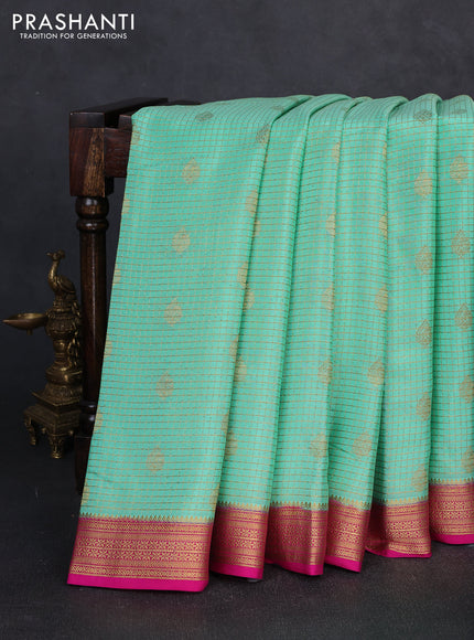 Pure mysore silk saree teal green and pink with allover zari small checks & buttas and zari woven border
