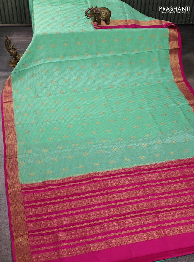 Pure mysore silk saree teal green and pink with allover zari small checks & buttas and zari woven border