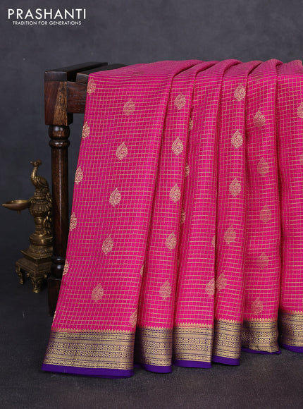 Pure mysore silk saree pink and violet with allover small zari checks & buttas and zari woven border