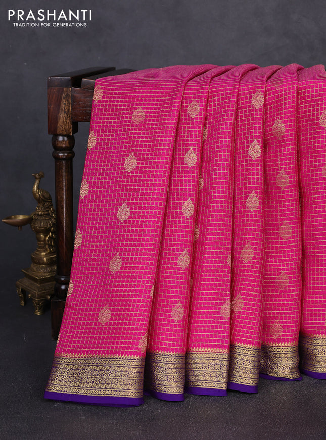 Pure mysore silk saree pink and violet with allover small zari checks & buttas and zari woven border