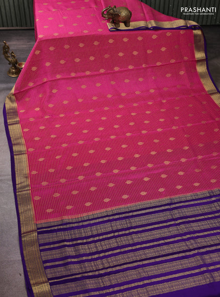 Pure mysore silk saree pink and violet with allover small zari checks & buttas and zari woven border