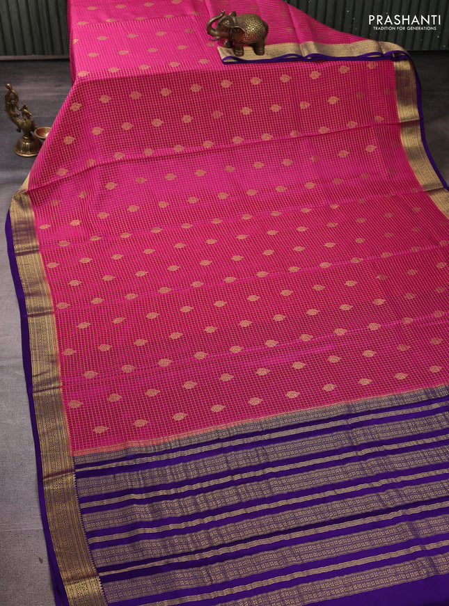Pure mysore silk saree pink and violet with allover small zari checks & buttas and zari woven border