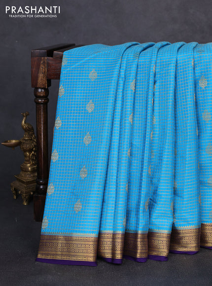 Pure mysore silk saree cs blue and violet with allover small zari checks & buttas and zari woven border