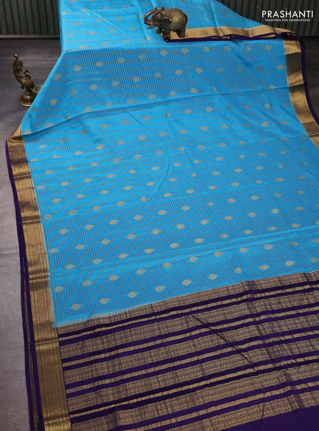 Pure mysore silk saree cs blue and violet with allover small zari checks & buttas and zari woven border