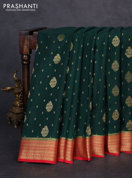 Pure mysore silk saree bottle green and red with allover zari woven buttas and zari woven border