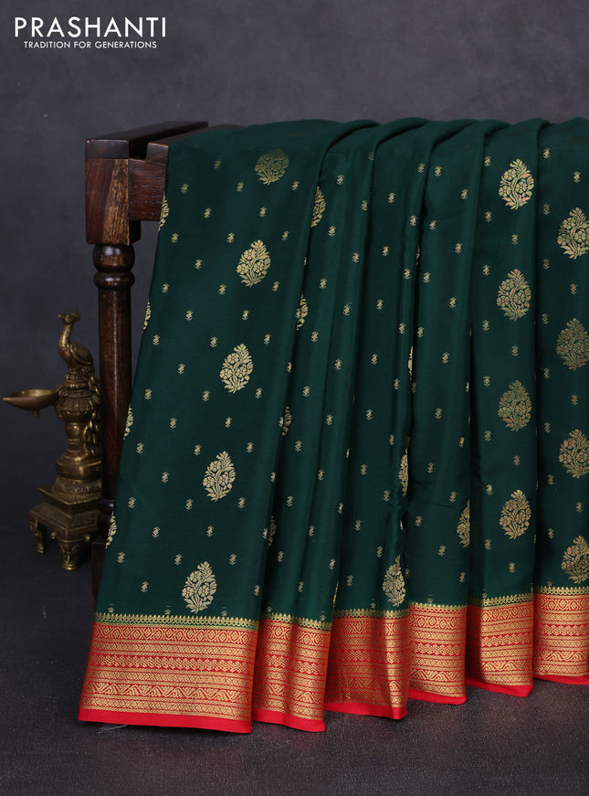 Pure mysore silk saree bottle green and red with allover zari woven buttas and zari woven border