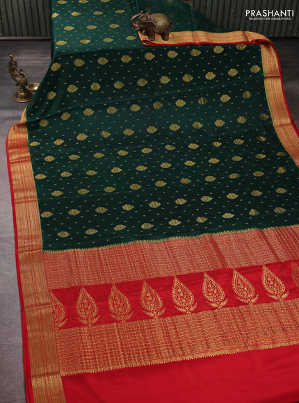 Pure mysore silk saree bottle green and red with allover zari woven buttas and zari woven border