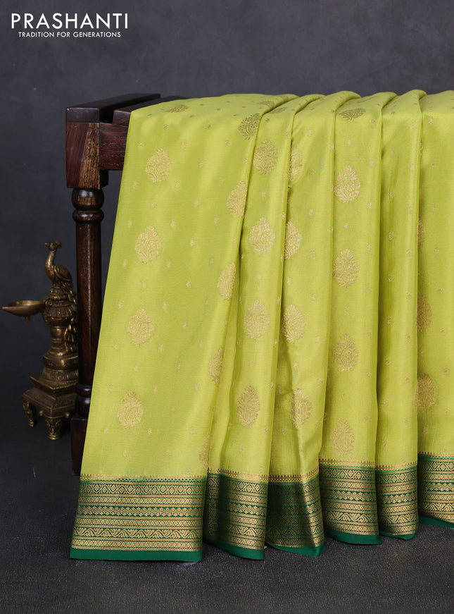 Pure mysore silk saree light green and green with allover zari woven buttas and zari woven border