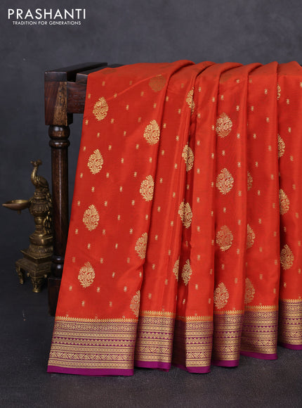 Pure mysore silk saree rust shade and magenta pink with allover zari woven buttas and zari woven border