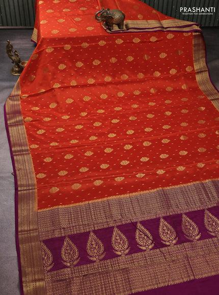 Pure mysore silk saree rust shade and magenta pink with allover zari woven buttas and zari woven border
