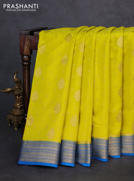 Pure mysore silk saree lime green and cs blue with allover zari woven buttas and zari woven border