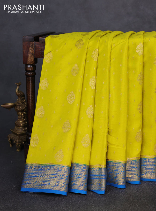 Pure mysore silk saree lime green and cs blue with allover zari woven buttas and zari woven border