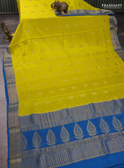 Pure mysore silk saree lime green and cs blue with allover zari woven buttas and zari woven border