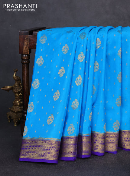 Pure mysore silk saree cs blue and blue with allover zari woven buttas and zari woven border