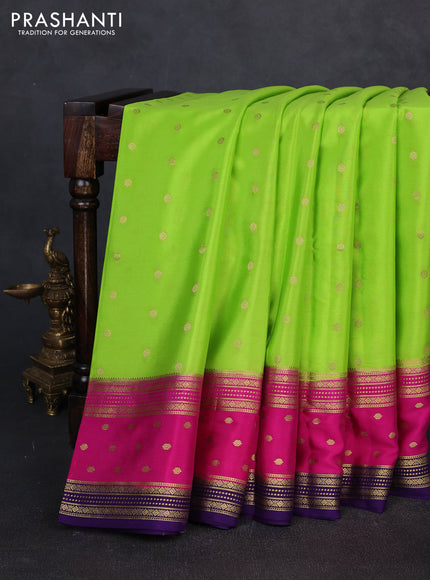 Pure mysore silk saree fluorescent green and pink with allover zari woven buttas and zari woven border