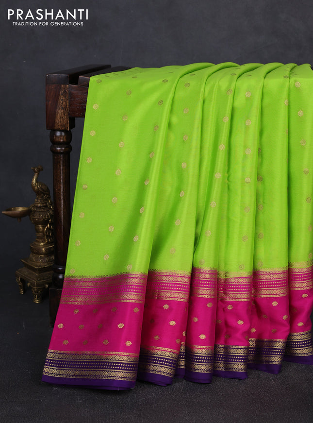 Pure mysore silk saree fluorescent green and pink with allover zari woven buttas and zari woven border