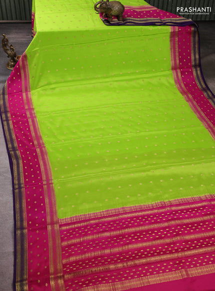 Pure mysore silk saree fluorescent green and pink with allover zari woven buttas and zari woven border
