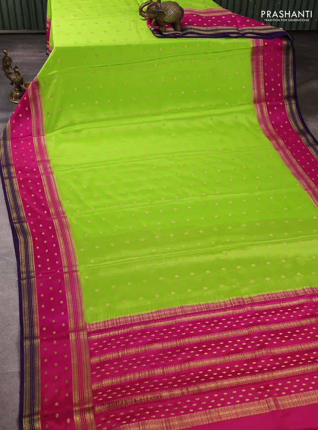 Pure mysore silk saree fluorescent green and pink with allover zari woven buttas and zari woven border
