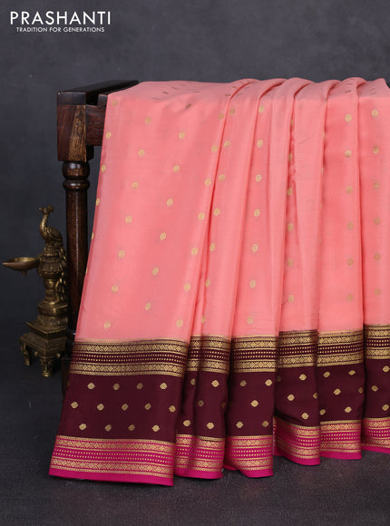 Pure mysore silk saree peach shade and coffee magenta pink with allover zari woven buttas and zari woven border