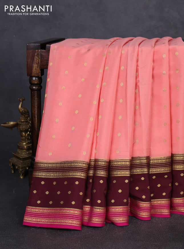 Pure mysore silk saree peach shade and coffee magenta pink with allover zari woven buttas and zari woven border