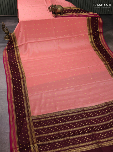 Pure mysore silk saree peach shade and coffee magenta pink with allover zari woven buttas and zari woven border