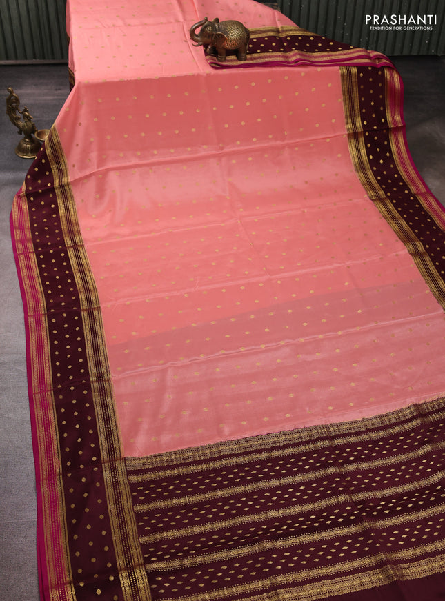 Pure mysore silk saree peach shade and coffee magenta pink with allover zari woven buttas and zari woven border