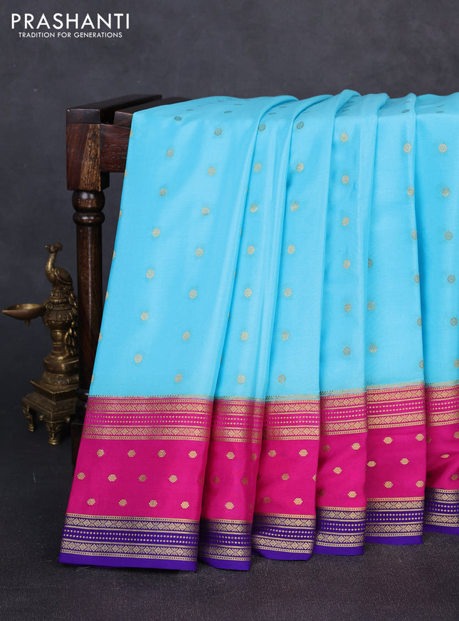 Pure mysore silk saree teal blue and pink  with allover zari woven buttas and zari woven border