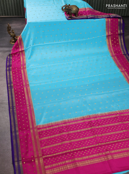 Pure mysore silk saree teal blue and pink  with allover zari woven buttas and zari woven border