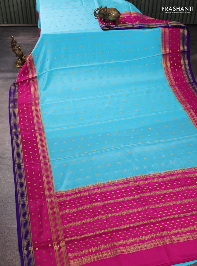 Pure mysore silk saree teal blue and pink  with allover zari woven buttas and zari woven border