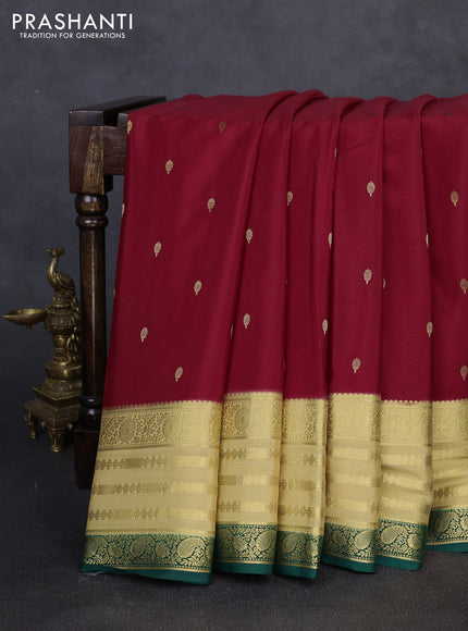 Pure mysore silk saree maroon and bottle green with allover zari woven buttas and zari woven border