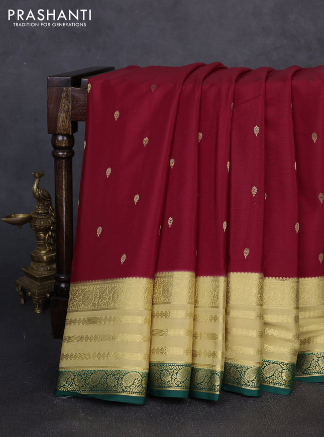 Pure mysore silk saree maroon and bottle green with allover zari woven buttas and zari woven border