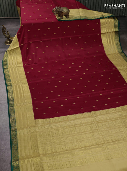 Pure mysore silk saree maroon and bottle green with allover zari woven buttas and zari woven border