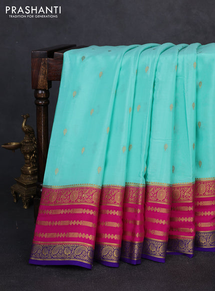 Pure mysore silk saree teal blue and pink violet with allover zari woven buttas and zari woven border