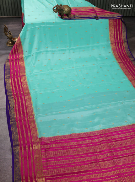 Pure mysore silk saree teal blue and pink violet with allover zari woven buttas and zari woven border