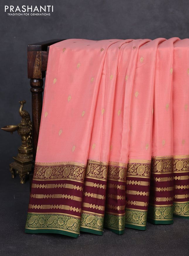Pure mysore silk saree peach shade and coffee brown green with allover zari woven buttas and zari woven border