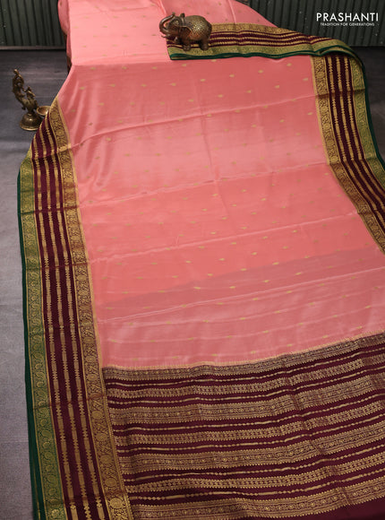 Pure mysore silk saree peach shade and coffee brown green with allover zari woven buttas and zari woven border