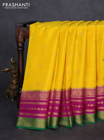 Pure mysore silk saree yellow and pink green with allover zari woven buttas and zari woven border