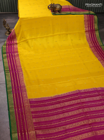 Pure mysore silk saree yellow and pink green with allover zari woven buttas and zari woven border