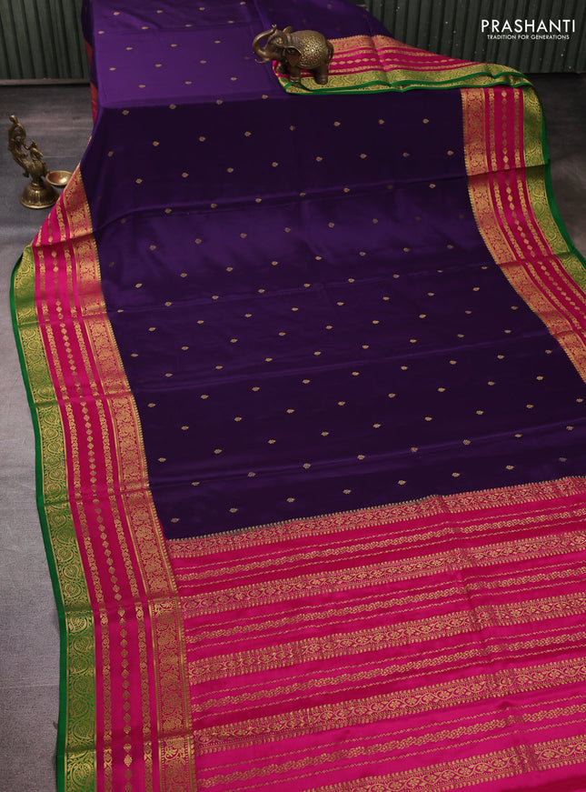 Pure mysore silk saree violet and pink green with allover zari woven buttas and zari woven border
