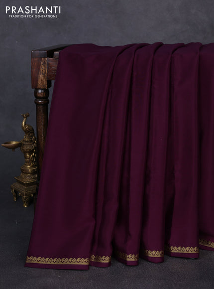 Pure mysore silk saree deep wine with plain body and small zari woven border